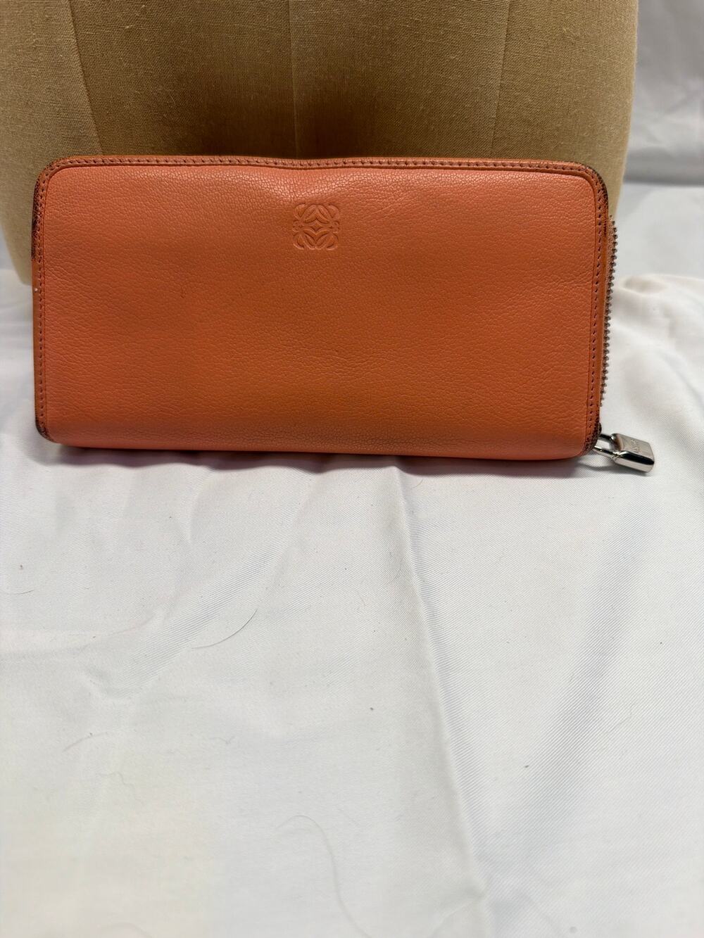 Loewe Vintage Orange Leather Zip Around Continental Wallet w/ Engraved Padlock